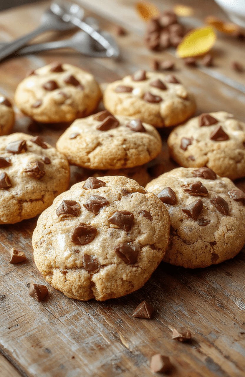 A plate of golden-brown coffee cake cookies topped with a crumbly streusel, sitting on a cozy wooden table with warm natural light highlighting the textures, styled with a few cinnamon sticks and a cup of coffee in the background.
