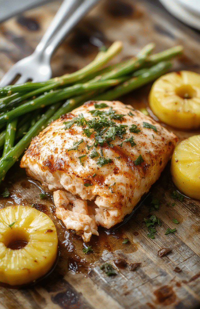 A beautifully plated baked pineapple salmon fillet on a white ceramic plate, garnished with fresh herbs and pineapple slices, vibrant yellow pineapple and pink salmon contrast with the dark wooden background, styled simply with a sprig of parsley for a fresh look, inviting and colorful