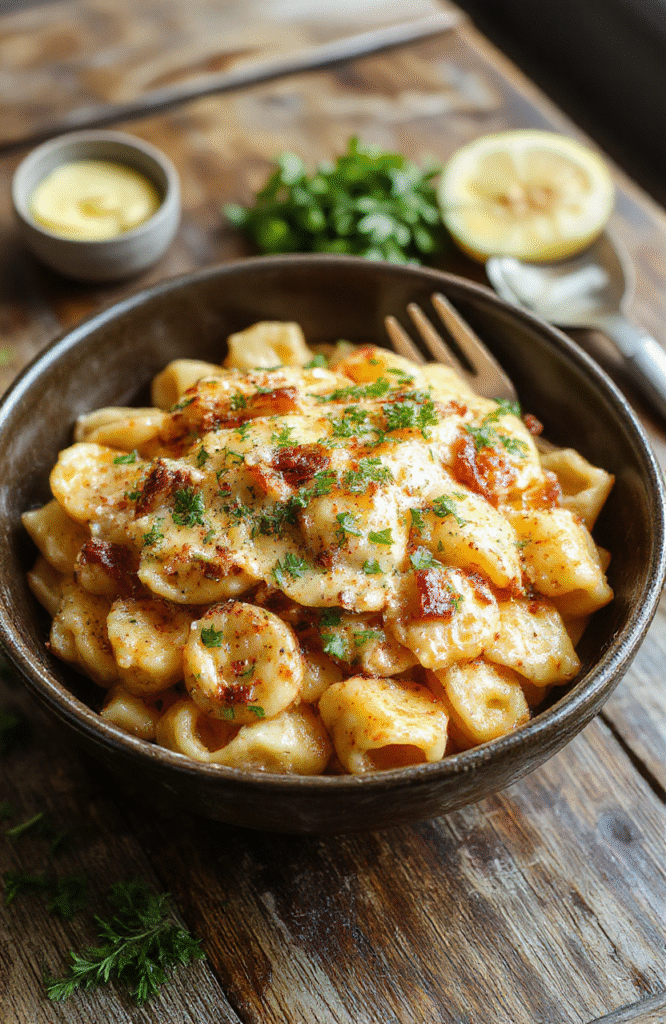 A vibrant bowl of creamy Cajun pasta with colorful bell peppers and sliced sausage on a rustic wooden table, garnished with fresh herbs, showcasing a rich, smooth sauce with hints of spice, styled casually for an inviting look.