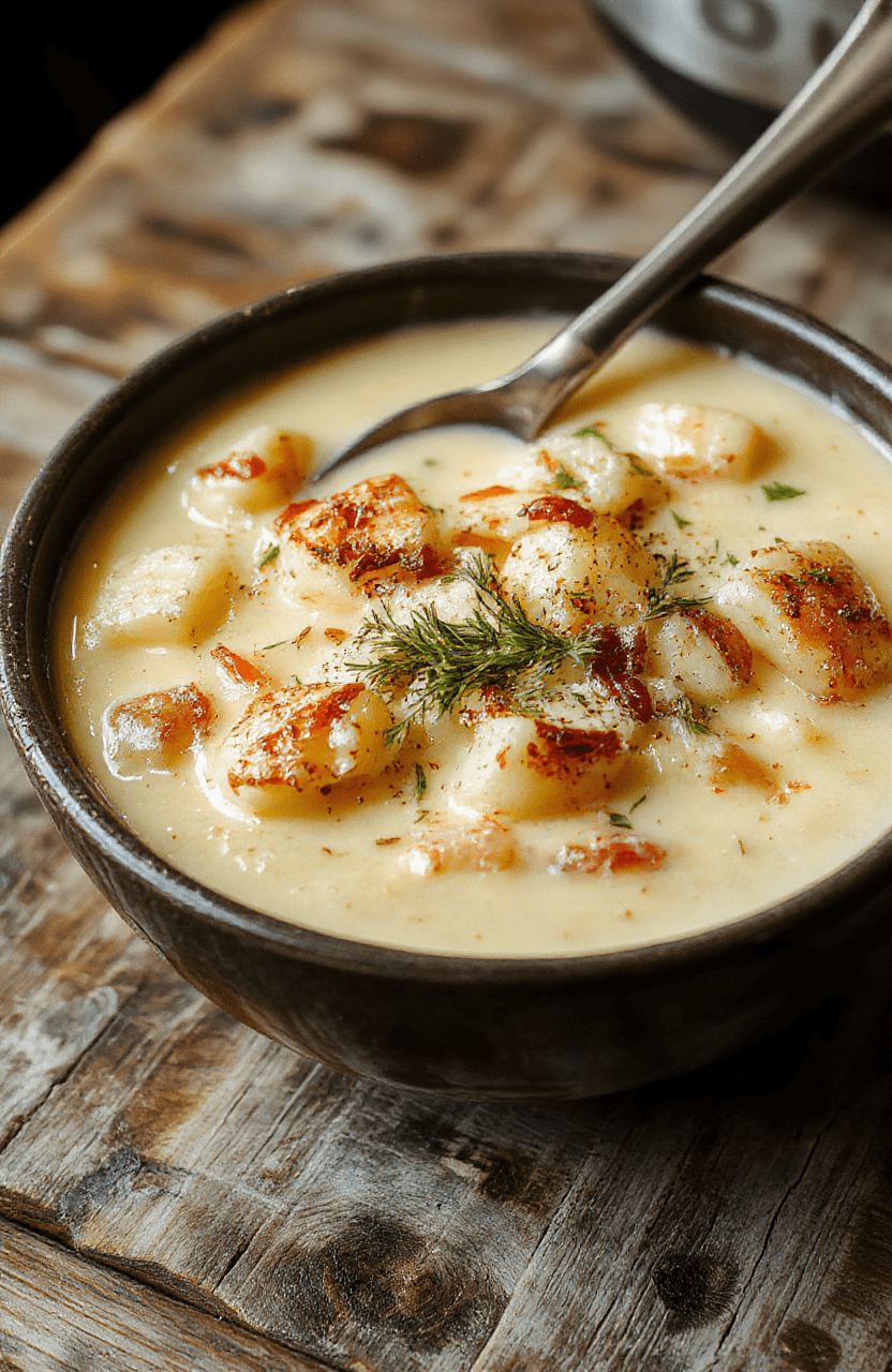 A bowl of creamy potato soup topped with chopped green onions and crispy bacon pieces, served on a rustic wooden table with a spoon, steam rising, showcasing a warm, inviting color palette.