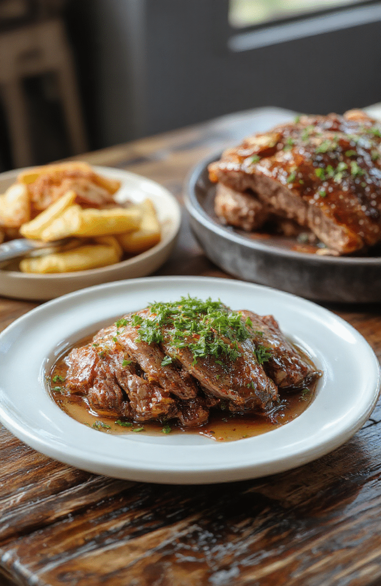 A beautifully glazed honey baked beef roast sliced on a rustic wooden cutting board, garnished with fresh herbs, surrounded by golden honey-glazed sides, with a warm holiday table setting, soft lighting highlighting the caramelized surface and juicy interior.
