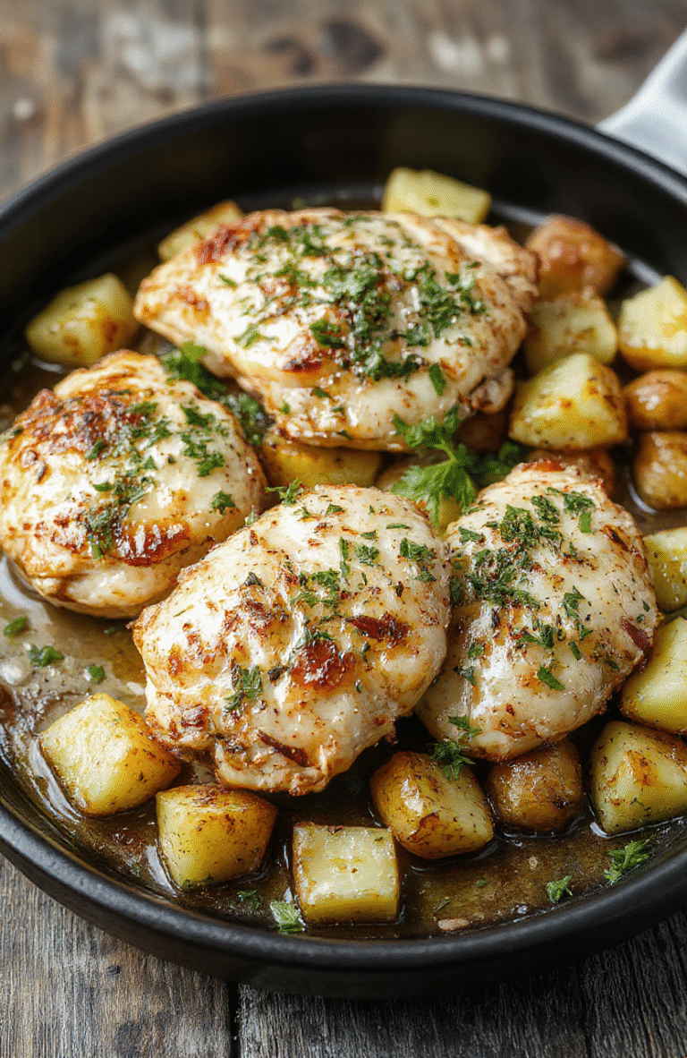 A vibrant plate featuring golden-brown roasted chicken breasts topped with freshly chopped parsley, surrounded by crispy roasted potato wedges coated with garlic and parmesan cheese, served on a rustic wooden table with fresh herbs scattered around.