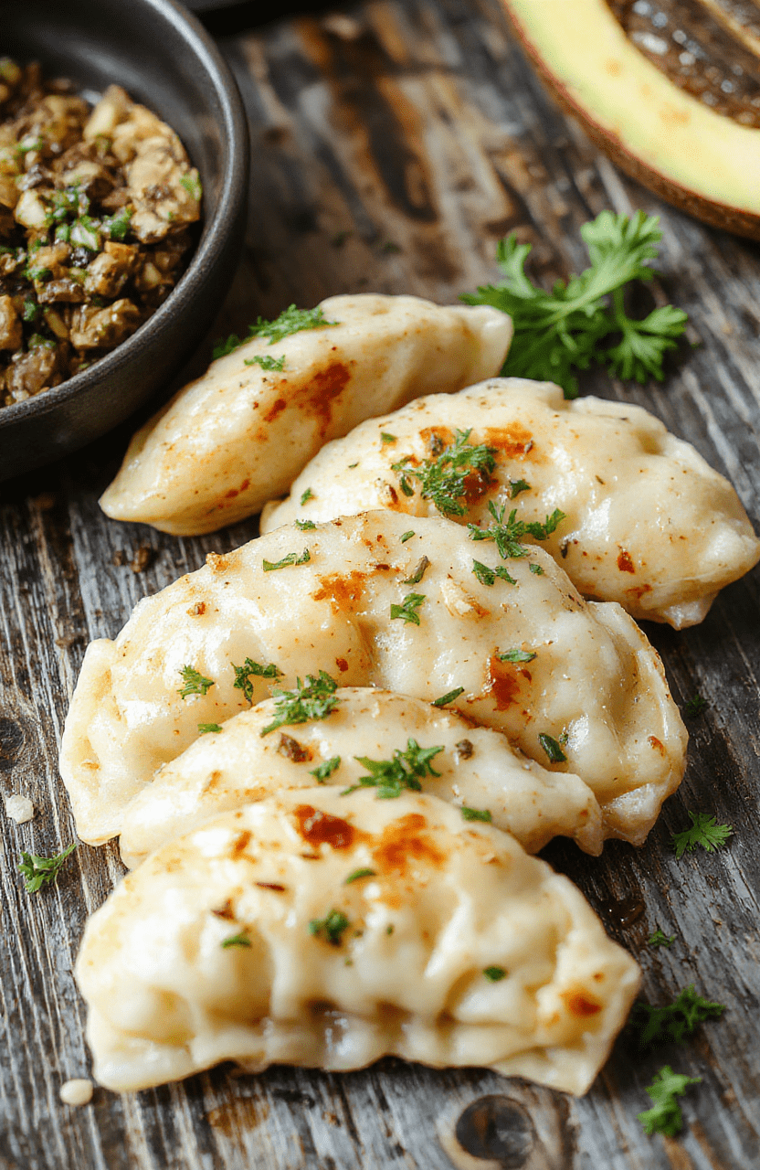 A vibrant plate of golden-brown potstickers arranged on a white ceramic dish, topped with chopped scallions and sesame seeds. The stir fry features colorful vegetables like bell peppers, carrots, and snap peas, coated in a savory sauce with a glossy sheen. The presentation is casual yet inviting, styled with chopsticks and a sprinkle of herbs for an appetizing look.