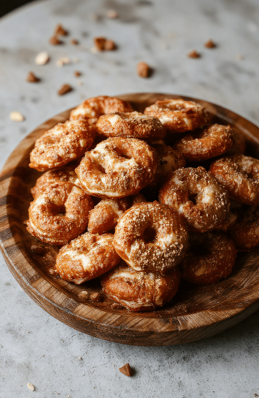 A close-up of golden-brown pretzel bites topped with melted Rolo chocolates and a sprinkle of crushed pretzels, arranged on a rustic wooden plate with a glossy finish, capturing the glossy melted chocolates and crunchy pretzel bits, styled simply for a casual, inviting presentation.