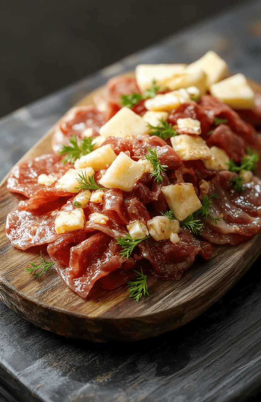 Colorful charcuterie meat flowers arranged on a sleek white platter, featuring thin slices of cured meats rolled into floral shapes, garnished with fresh herbs and edible flowers for an elegant presentation, styled with a rustic wooden background.