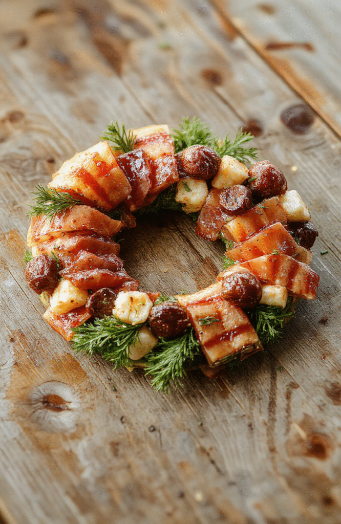 Colorful festive charcuterie wreath arranged on a white plate, featuring assorted cured meats, cheeses, olives, grapes, and crackers, all beautifully styled in a circular wreath shape with holiday decorations in the background, showcasing textures and vibrant colors.