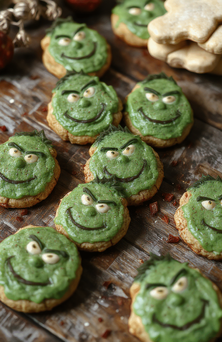 Colorful festive Grinch cookies styled on a rustic wooden platter with vibrant green frosting, red candies, and sprinkles, accented by holiday decor, natural daylight, and soft shadows, creating a cheerful and inviting holiday scene.