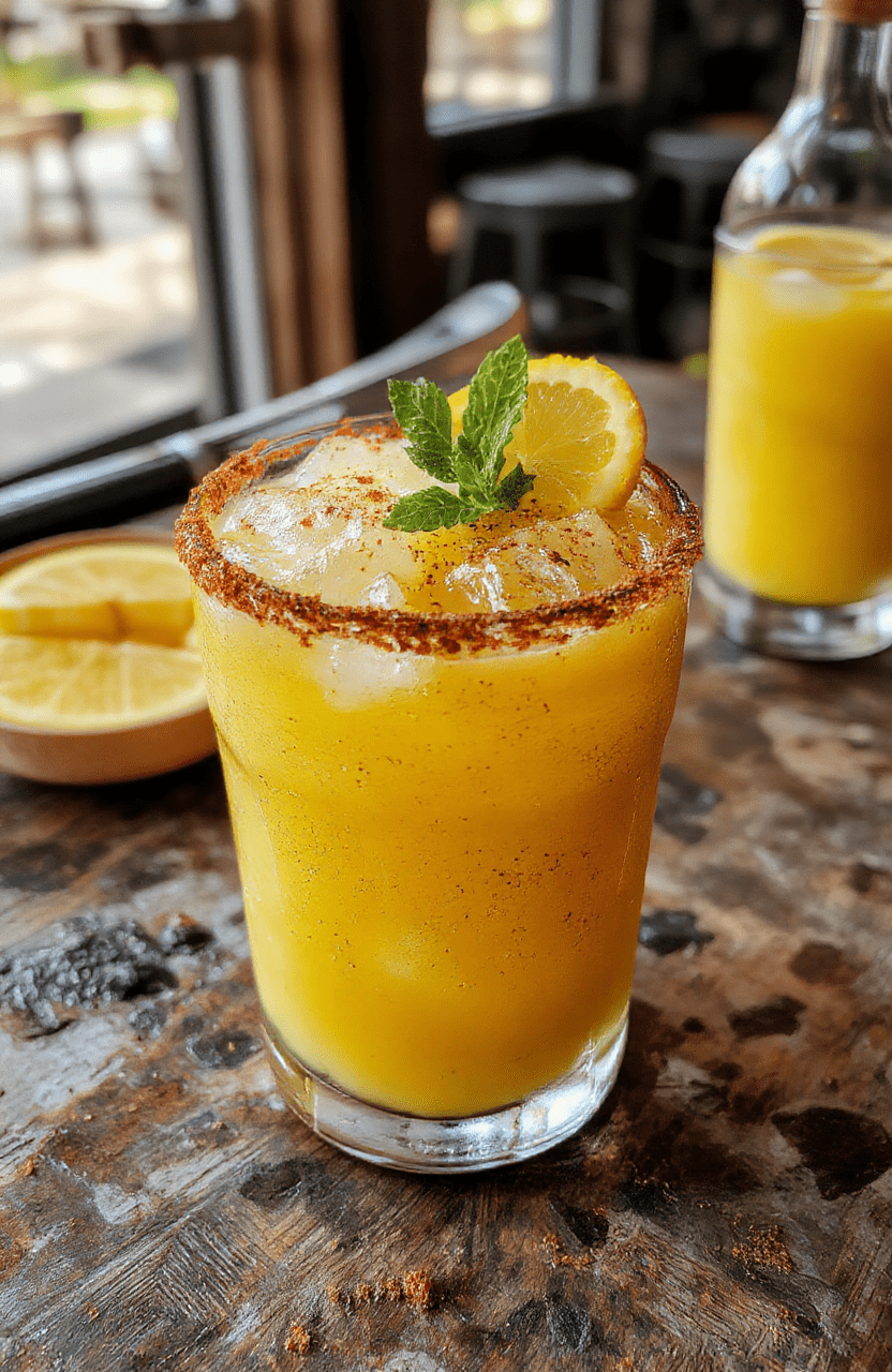 A vibrant glass of Festive Spiced Margarita featuring a salted rim, adorned with a cinnamon stick and orange slice, vibrant red and orange colors, with a cozy holiday backdrop, textured surface, and freshly sliced citrus visible.