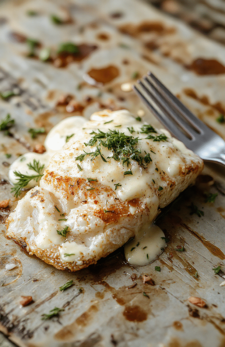 A beautifully plated flaky baked cod fillet topped with a vibrant coconut lemon cream sauce, garnished with fresh herbs on a white plate, with a backdrop of a rustic wooden table and bright natural daylight highlighting the dish's textures and colors.