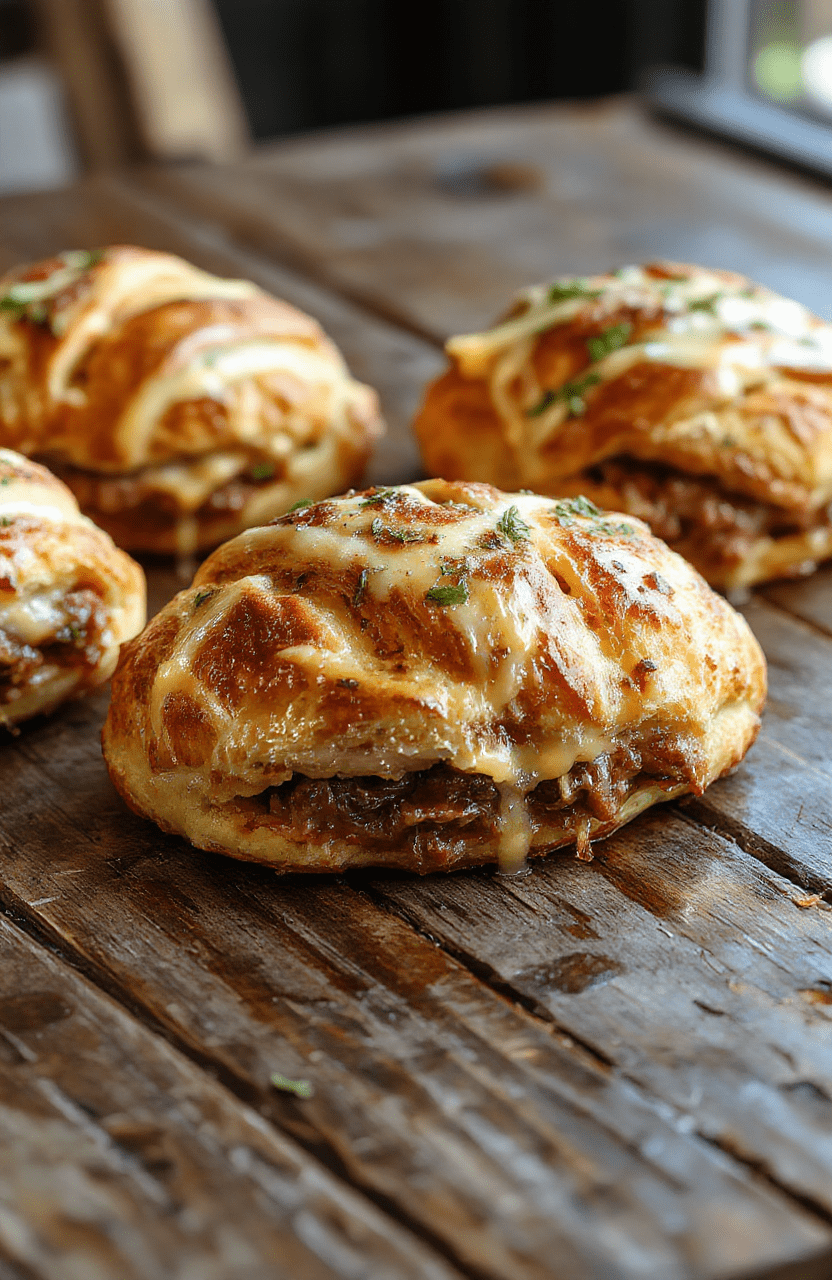 Golden flaky croissants filled with savory beef and melted cheese arranged on a rustic wooden platter, garnished with fresh herbs, with a soft focus background showcasing a cozy brunch setting.