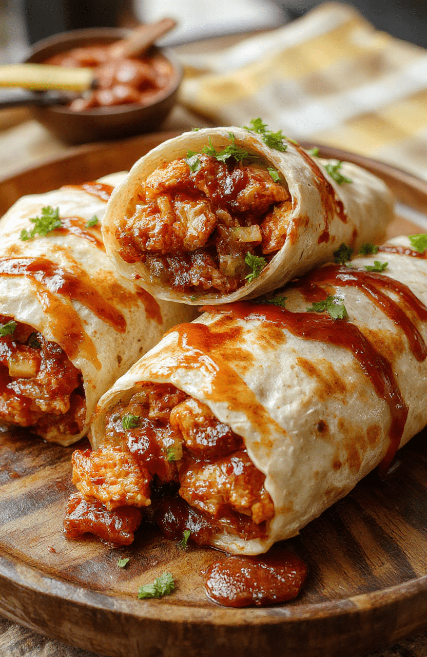 Colorful BBQ chicken wraps arranged on a rustic wooden plate, showing crispy tortillas filled with juicy grilled chicken, vibrant vegetables, and melted cheese, styled casually with fresh herbs garnishing.