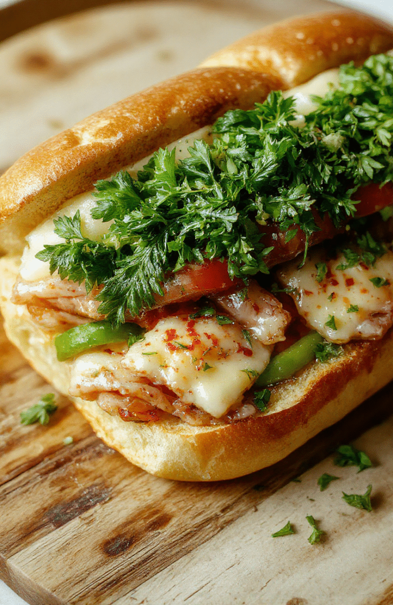 Colorful chopped sub on a rustic wooden board featuring vibrant vegetables, sliced deli meats, melted cheese, and fresh herbs, styled casually with a natural look, inviting and appetizing.