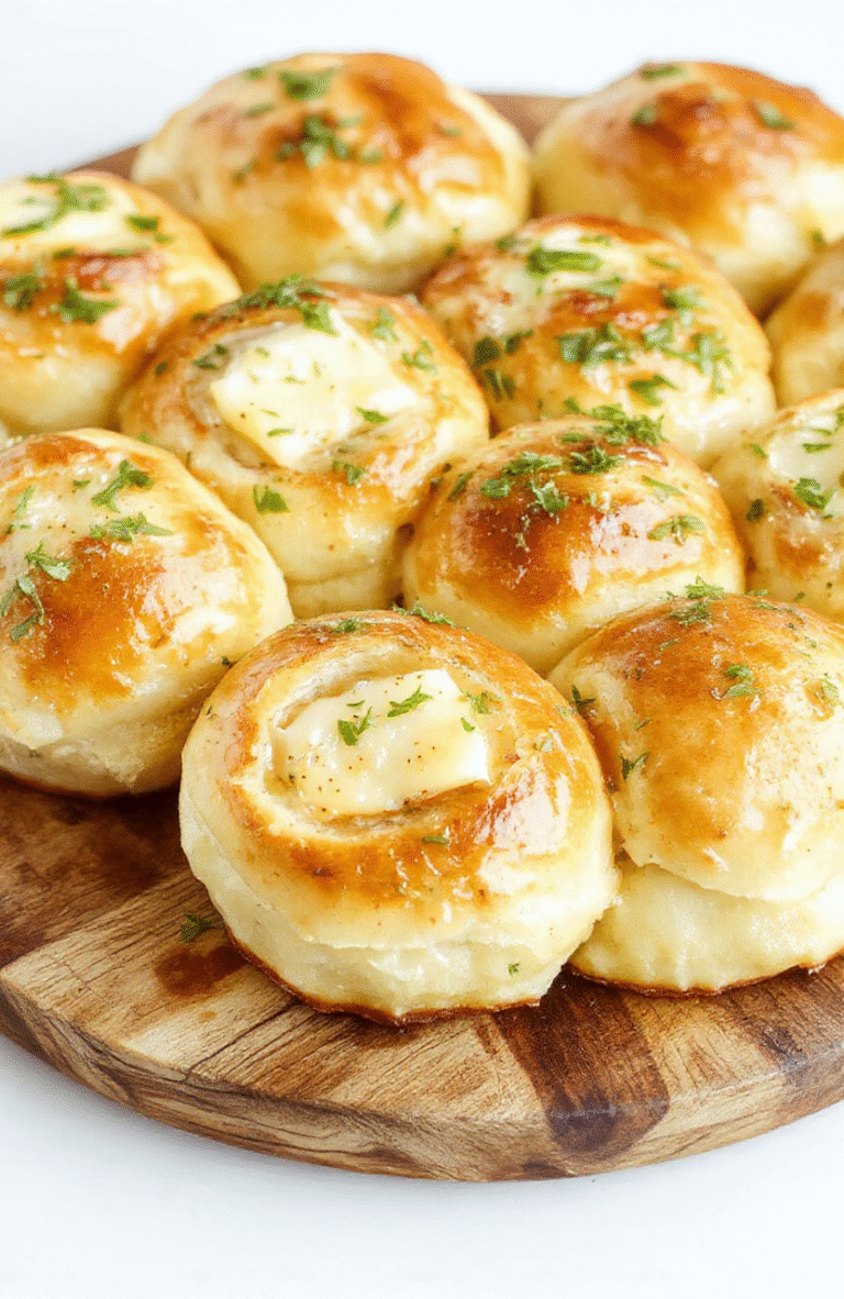 A batch of golden fluffy garlic rolls arranged on a rustic wooden platter, topped with a sprinkle of fresh herbs and glistening butter, soft and airy with a slightly crispy crust, styled with a neutral background to emphasize the warm, inviting appearance.