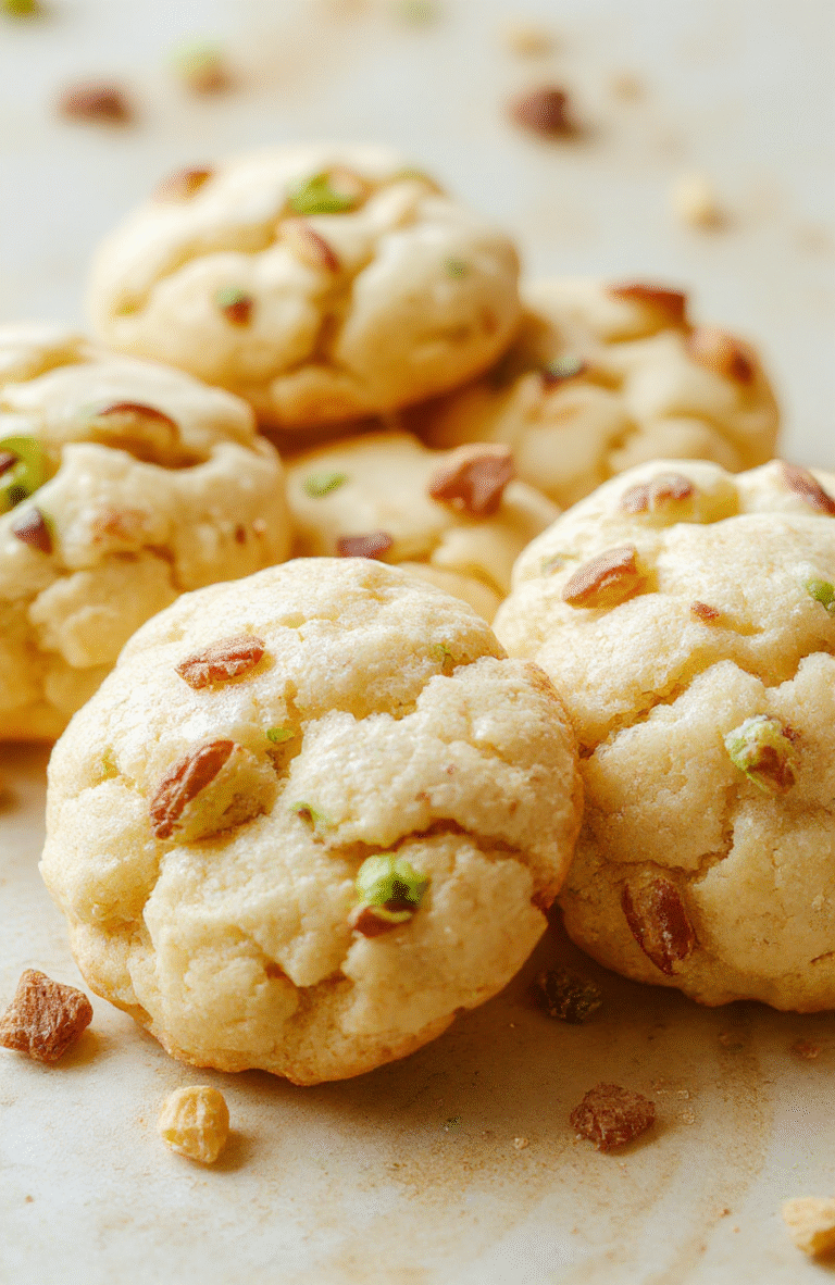 A pastel-colored plate featuring soft, fluffy pistachio cookies topped with chopped pistachios and a drizzle of white glaze, set against a light wooden table with scattered pistachios and fresh mint leaves, styled simply with natural daylight highlighting the textures.