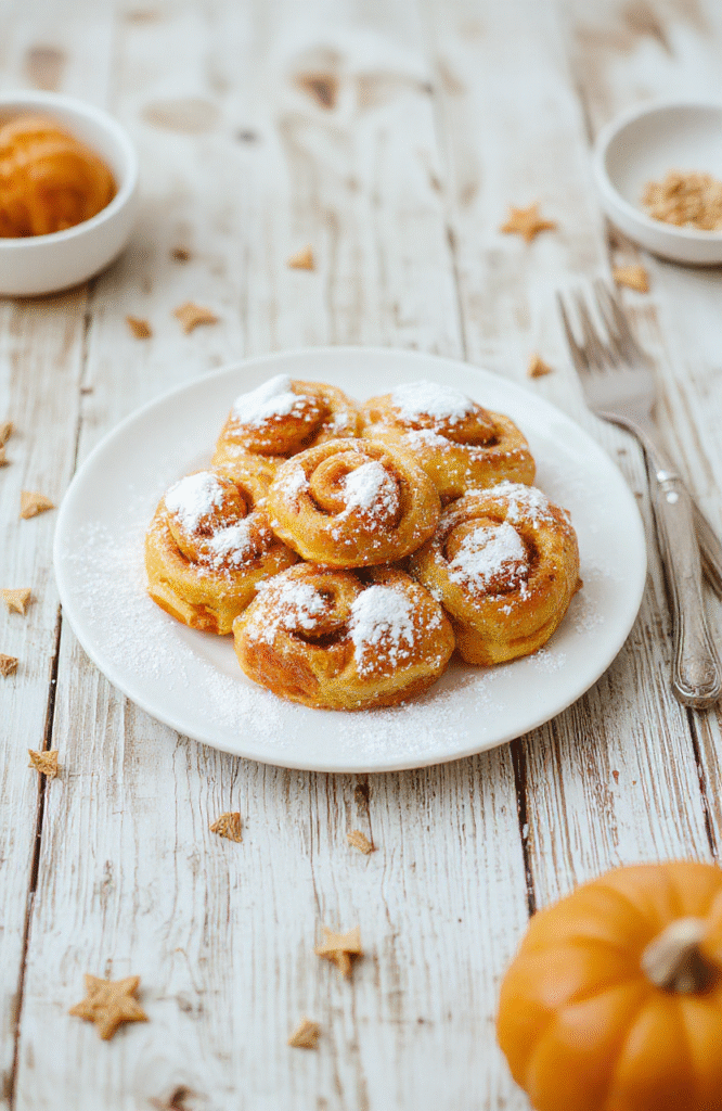 A beautifully presented stack of fluffy pumpkin rolls with a golden-brown crust, dusted lightly with powdered sugar, placed on a rustic wooden board. The rolls are surrounded by cinnamon sticks and a small bowl of cream cheese frosting, with a cozy fall-themed background featuring warm orange and brown tones, emphasizing their soft texture and inviting appearance.