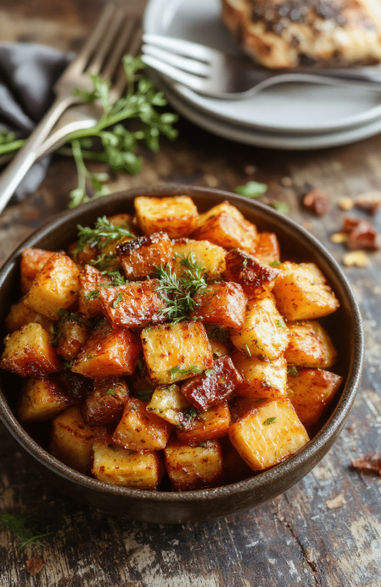 An inviting plate of roasted sweet potatoes and carrots on a white ceramic dish, showcasing golden-brown edges and vibrant orange hues, garnished with fresh herbs, set against a rustic wooden table with a hint of natural sunlight highlighting textures.