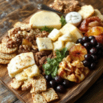 A beautifully arranged cheese board featuring assorted cheeses, fresh fruits, nuts, and artisan crackers, styled on a rustic wooden tray with vibrant colors and varied textures, perfect for elegant entertaining.