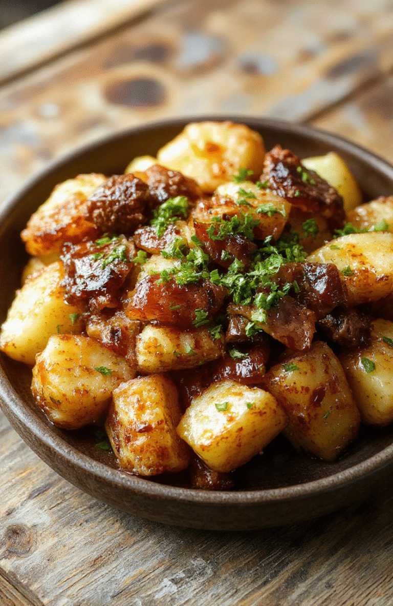 A rustic plate featuring golden roasted potatoes topped with crispy bacon bits, tender beef slices, and fresh herbs. The dish is vibrant with warm tones of brown, red, and green, styled on a dark slate surface with a slight sheen from natural daylight, showcasing textures of crispy bacon and tender meat.