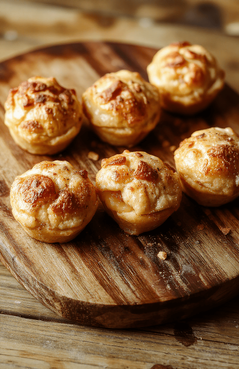 A close-up of golden-brown mini apple pies arranged on a rustic wooden board, showcasing flaky crusts filled with spiced apple filling, garnished with a dusting of powdered sugar and a sprig of fresh mint. The pies are presented alongside a small bowl of caramel sauce, with soft natural lighting highlighting their textures and inviting appearance.