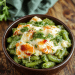A vibrant green bean casserole served in a white ceramic baking dish, topped with crispy fried onions, surrounded by fresh green beans, shiny butter sauce, and subtle holiday decorations in the background, styled for a cozy family dinner.