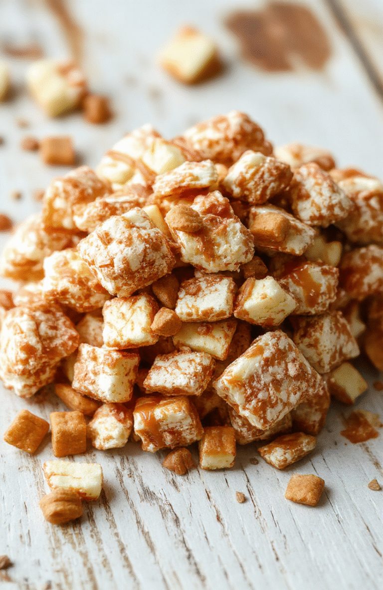 A vibrant bowl of caramel apple puppy chow sprinkled with colorful candy bits and chopped nuts, arranged on a rustic wooden surface with autumn leaves in the background, showing crispy textures coated in caramel and sweet candies, styled casually for an inviting fall treat.