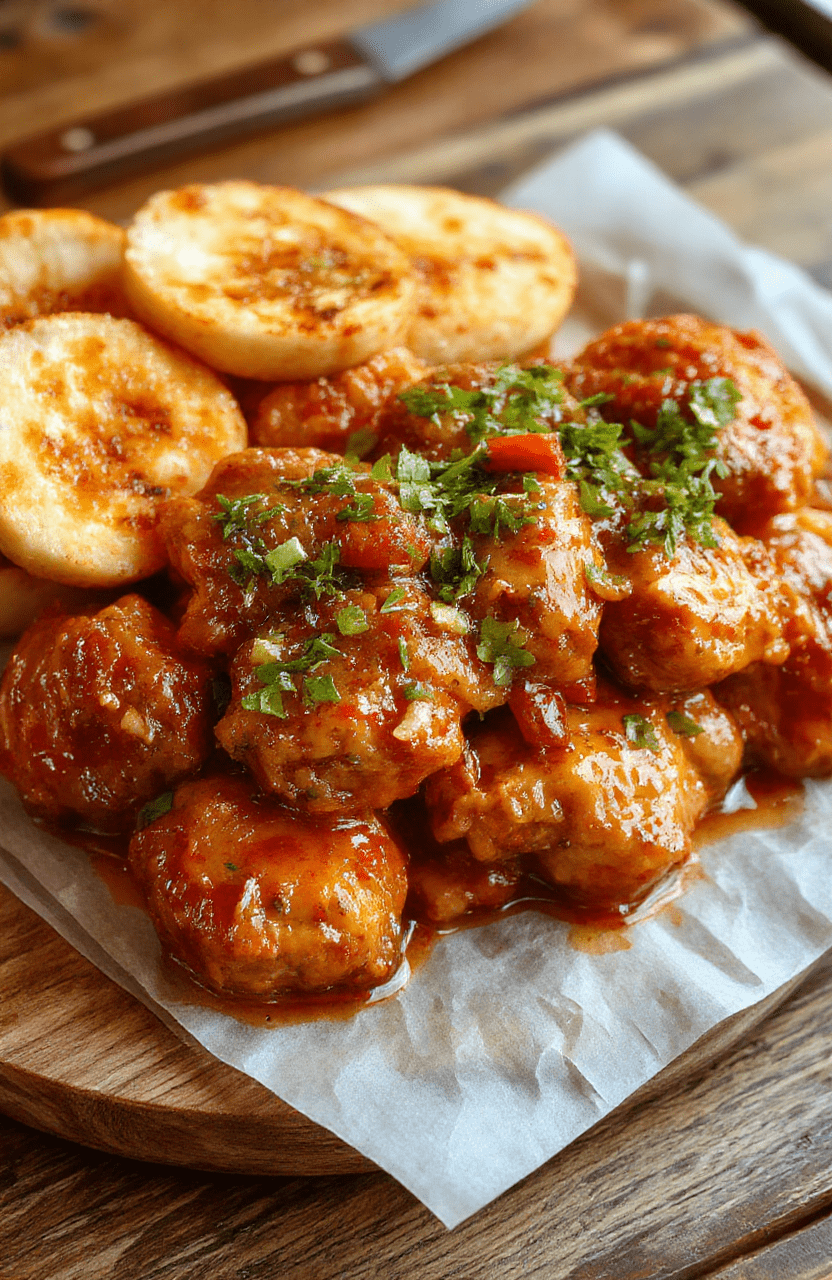 Colorful plate featuring golden-brown chicken pieces coated in vibrant red sweet chili sauce, garnished with fresh green herbs and sliced red chilies, styled on a rustic wooden surface with a casual, inviting vibe.