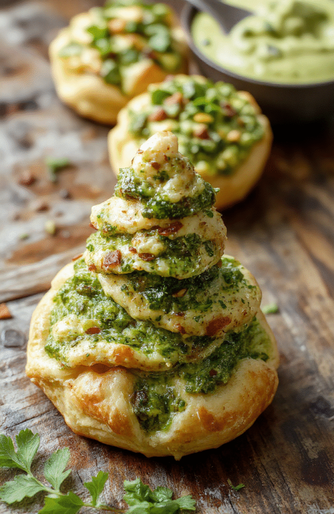 A beautifully arranged puff pastry tree topped with vibrant green pesto, garnished with cherry tomatoes and fresh herbs, showcasing flaky layers and a crispy golden-brown crust, styled on a rustic wooden surface with a hint of holiday decor in the background.