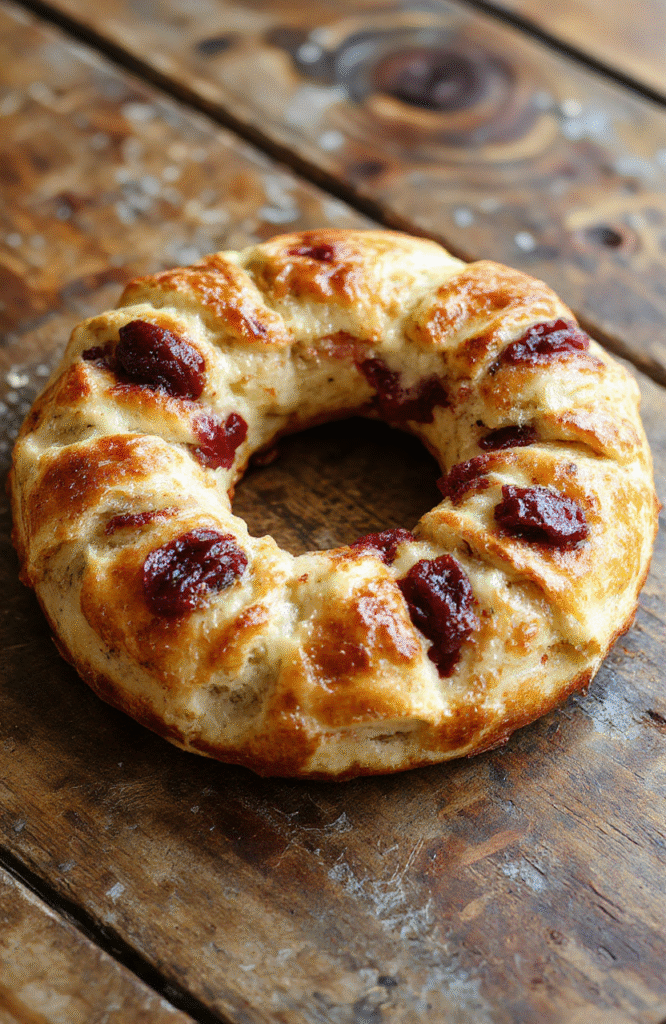 Colorful savory crescent ring topped with cooked turkey, vibrant cranberry sauce, and melted cheese, arranged in a circular pattern on a white plate, garnished with fresh herbs, with a subtle rustic background and a wooden serving board.