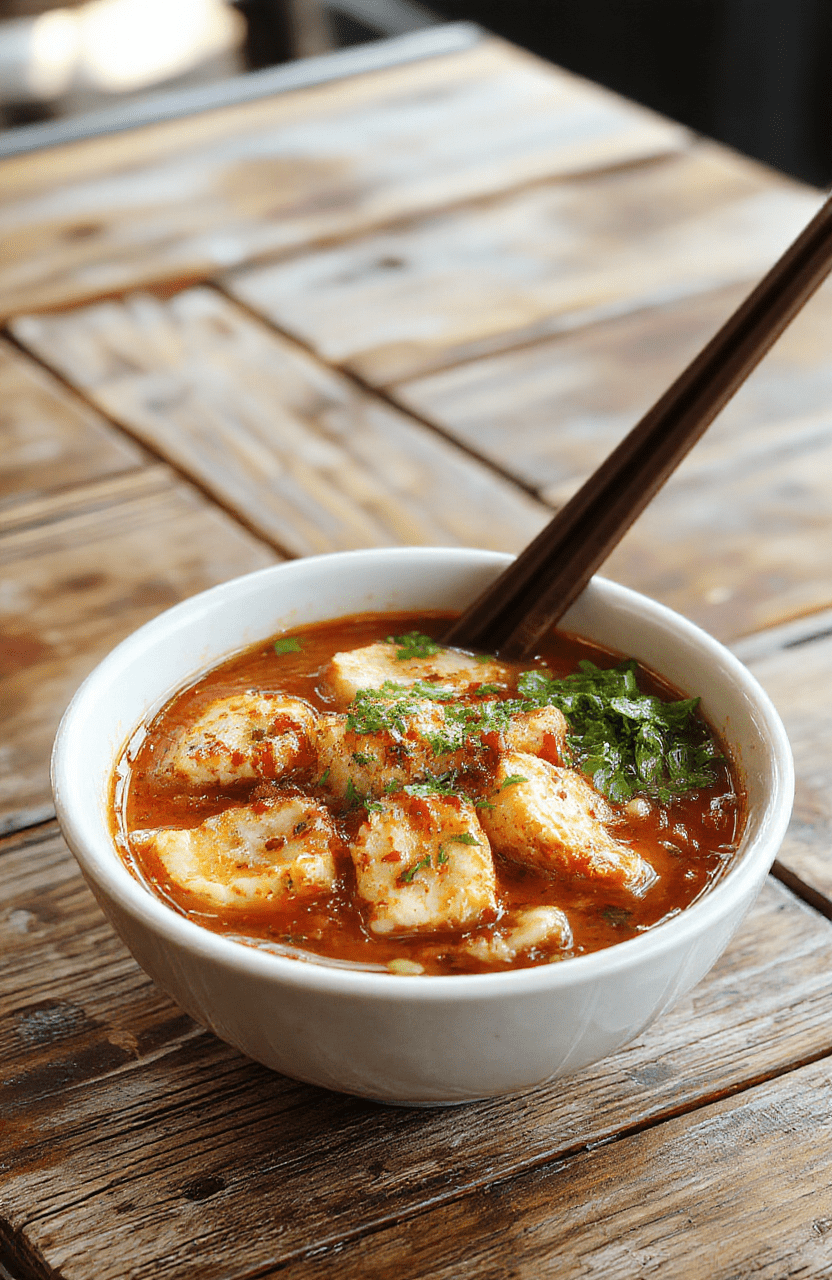A vibrant, steaming bowl of spicy chicken ramen on a rustic wooden table. The bowl is filled with creamy broth, tender slices of chicken, soft boiled eggs, garnished with chopped scallions and chili flakes. The rich, colorful ingredients contrast beautifully against the dark, textured background, styled simply to highlight the dish's textures and vibrant colors.
