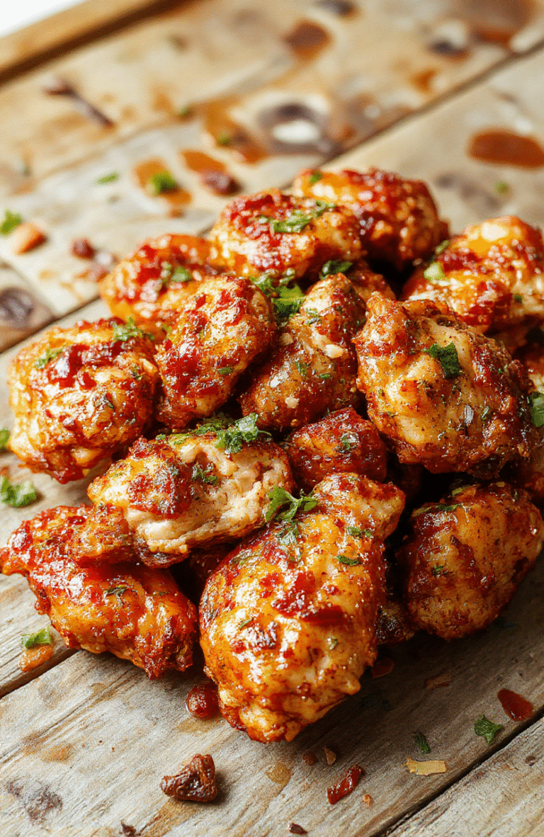 A vibrant plate of spicy firecracker chicken featuring golden crispy pieces coated in red chili sauce, garnished with chopped green onions and sesame seeds, plated on a rustic white dish with a background of colorful Asian-style condiments and fresh vegetables, styled casually for an inviting look.