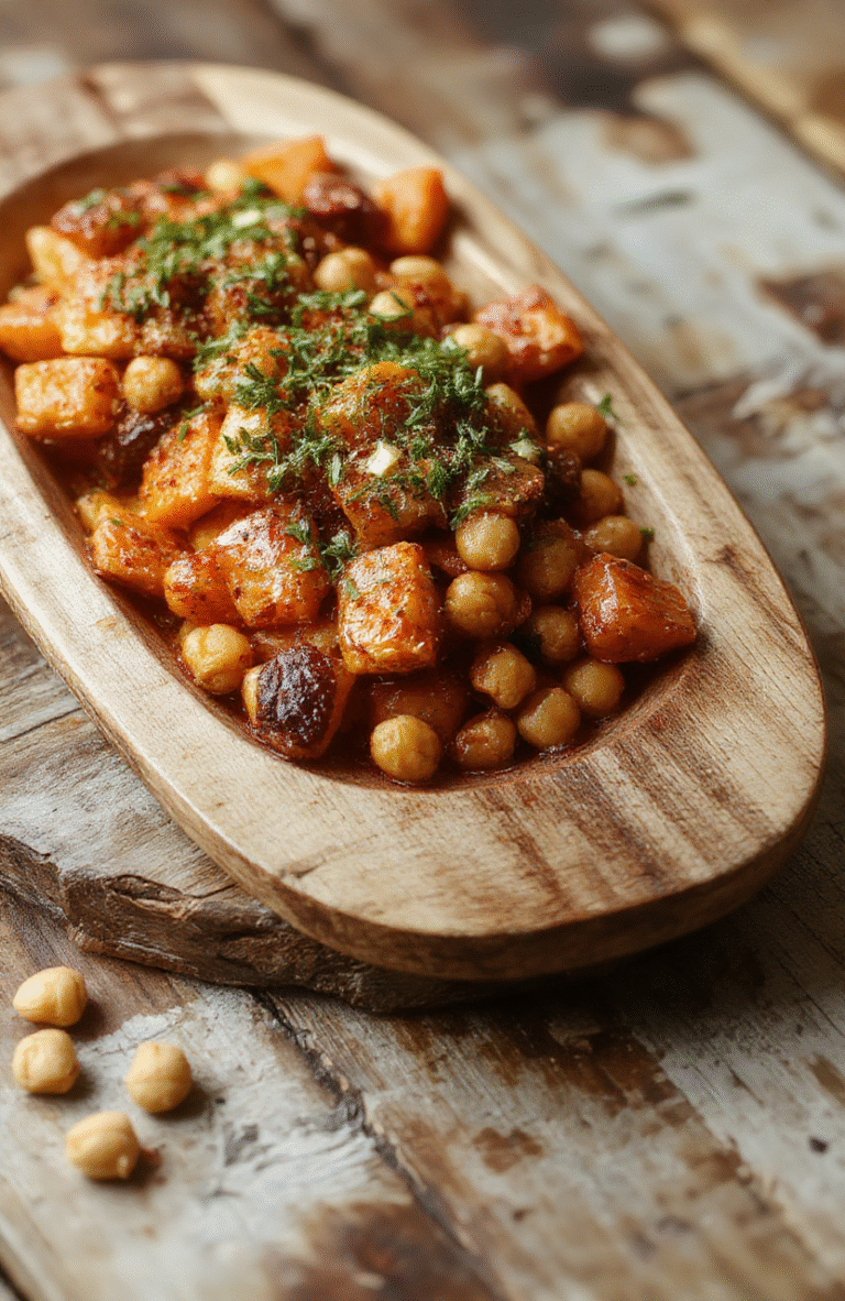 A vibrant plate of roasted carrots with golden crispy chickpeas on top, garnished with fresh herbs, arranged on a rustic white platter, featuring colorful roasted carrots with slightly caramelized edges and crunchy chickpeas, styled simply with natural lighting highlighting the textures and colors