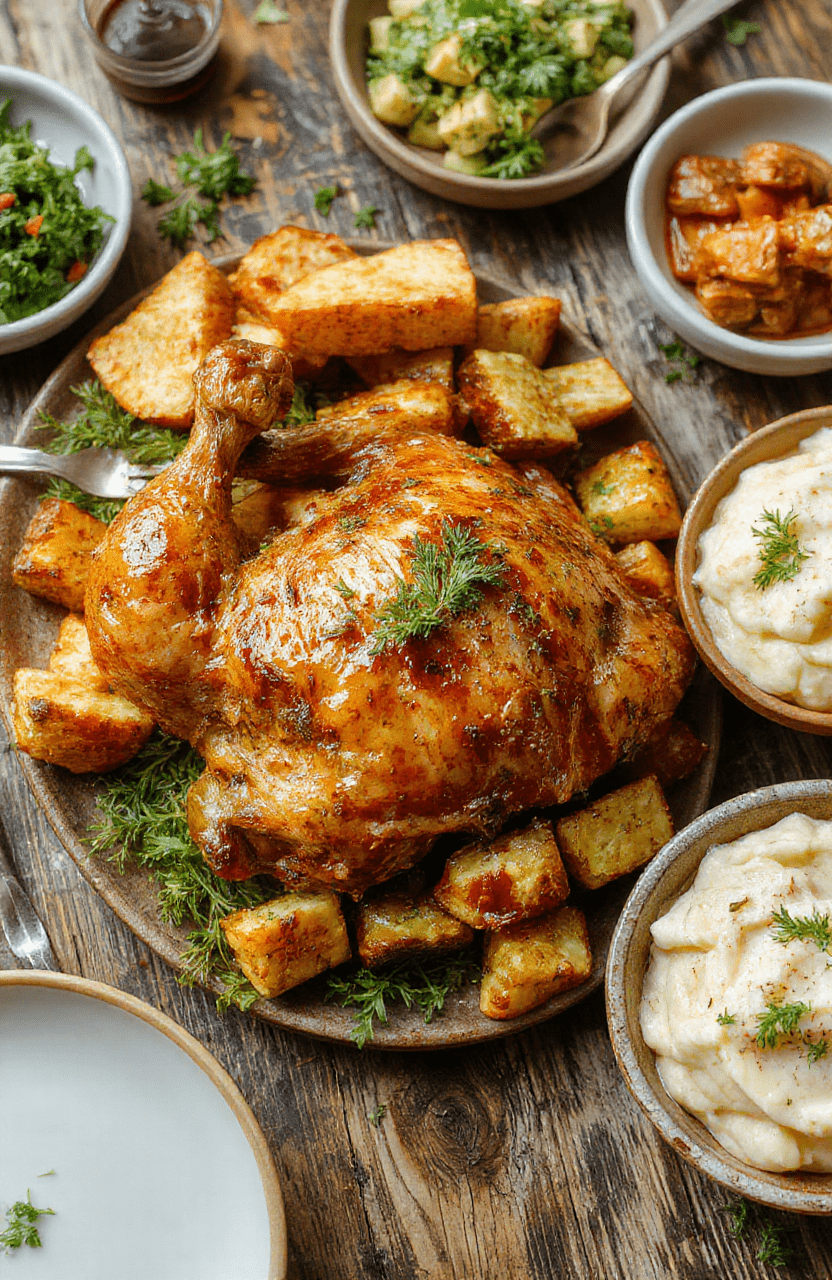 A vibrant Thanksgiving feast with beautifully arranged turkey, roasted vegetables, mashed potatoes, and cranberry sauce on a rustic wooden table, garnished with fresh herbs. The scene is colorful and inviting, with warm tones and textured plates enhancing the presentation.
