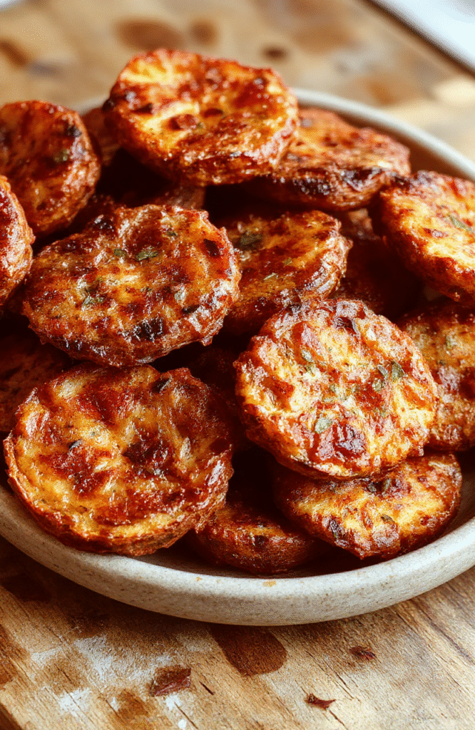 A vibrant close-up of golden baked sweet potato rounds arranged neatly on a rustic wooden board, garnished with fresh herbs, showcasing crispy edges and tender interior, with a blurred background of complementary ingredients and soft natural light highlighting textures.