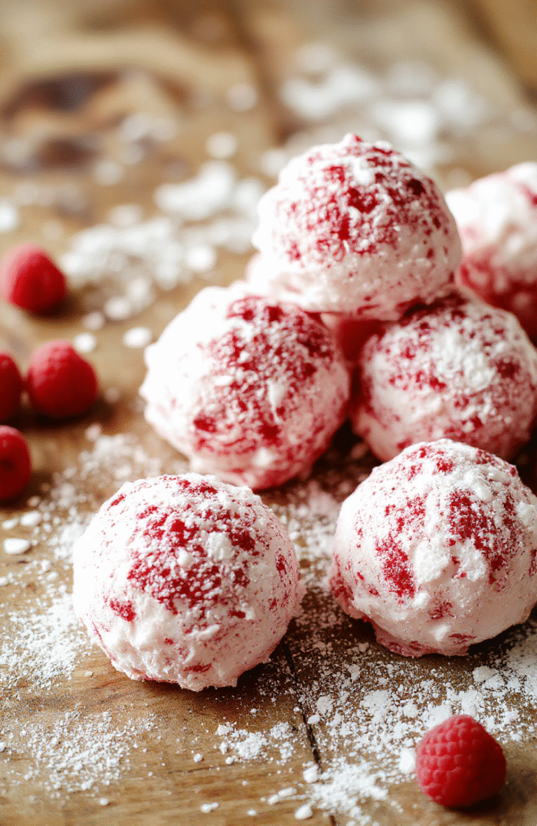 A close-up shot of vibrant red raspberry snowballs coated in snowy powdered sugar, arranged on a white plate with a festive background, highlighting their crumbly texture and fresh raspberry filling, styled with holiday accents.