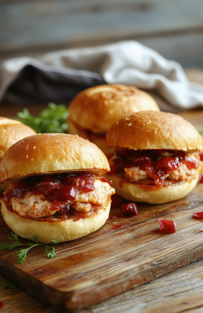 Colorful turkey cranberry sliders arranged neatly on a white platter, with vibrant red cranberry sauce, golden toasted buns, fresh greens, and melted cheese, styled casually on a rustic wooden table.