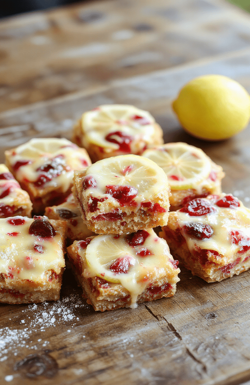 A vibrant display of cranberry lemon bars on a rustic wooden board, featuring a golden crust topped with a glossy layer of tart cranberry and bright lemon filling, garnished with fresh lemon slices and sprigs of mint, styled with a light dusting of powdered sugar, shot with natural daylight highlighting the textures and colors.