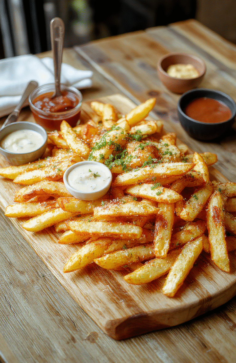 Colorful French fry board featuring golden crispy fries arranged with assorted dipping sauces, garnished with fresh herbs on a rustic wooden serving tray, styled casually with vibrant ingredients and a cozy party atmosphere.