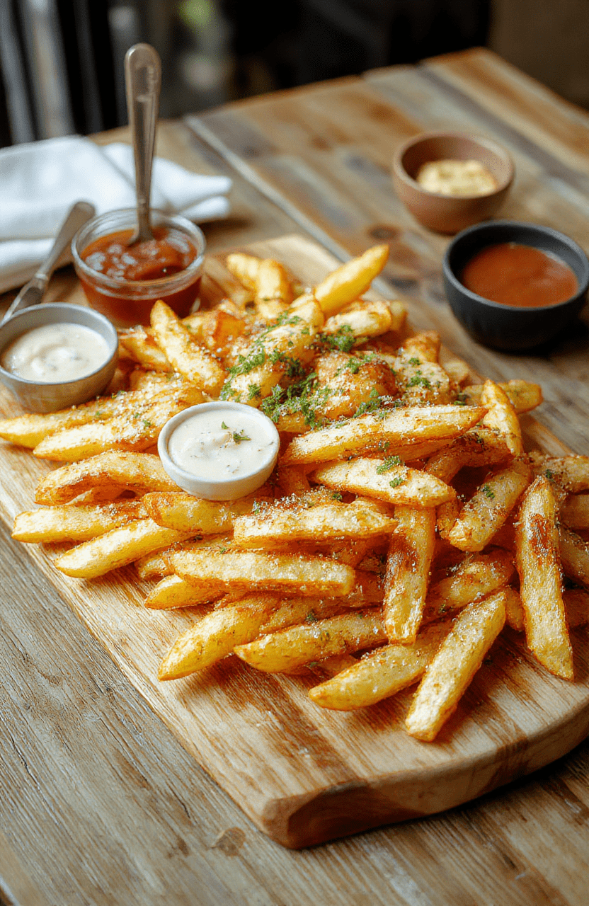 Colorful French fry board featuring golden crispy fries arranged with assorted dipping sauces, garnished with fresh herbs on a rustic wooden serving tray, styled casually with vibrant ingredients and a cozy party atmosphere.