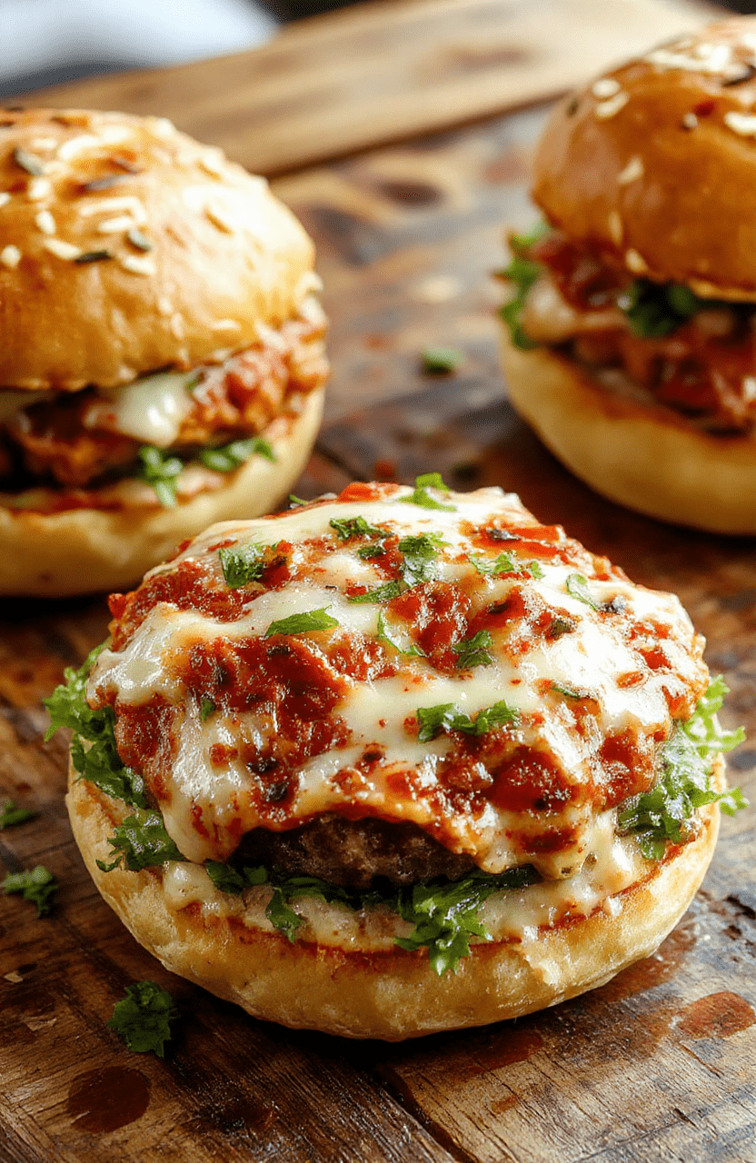 A visually appealing plate featuring two golden-brown pizza burgers topped with melted cheese, pepperoni slices, fresh basil, and cherry tomatoes, with a crispy exterior and gooey interior, arranged on a rustic wooden serving board with scattered herbs and a side of crispy fries.